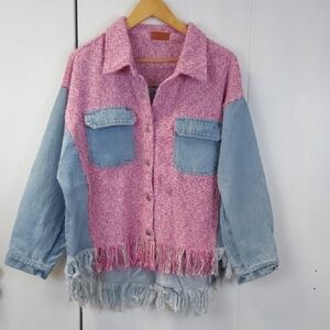 Umgee| Womens Denim Blue/ Pink Shaket Jacket Fringe Western Cowgirl Sz. XL